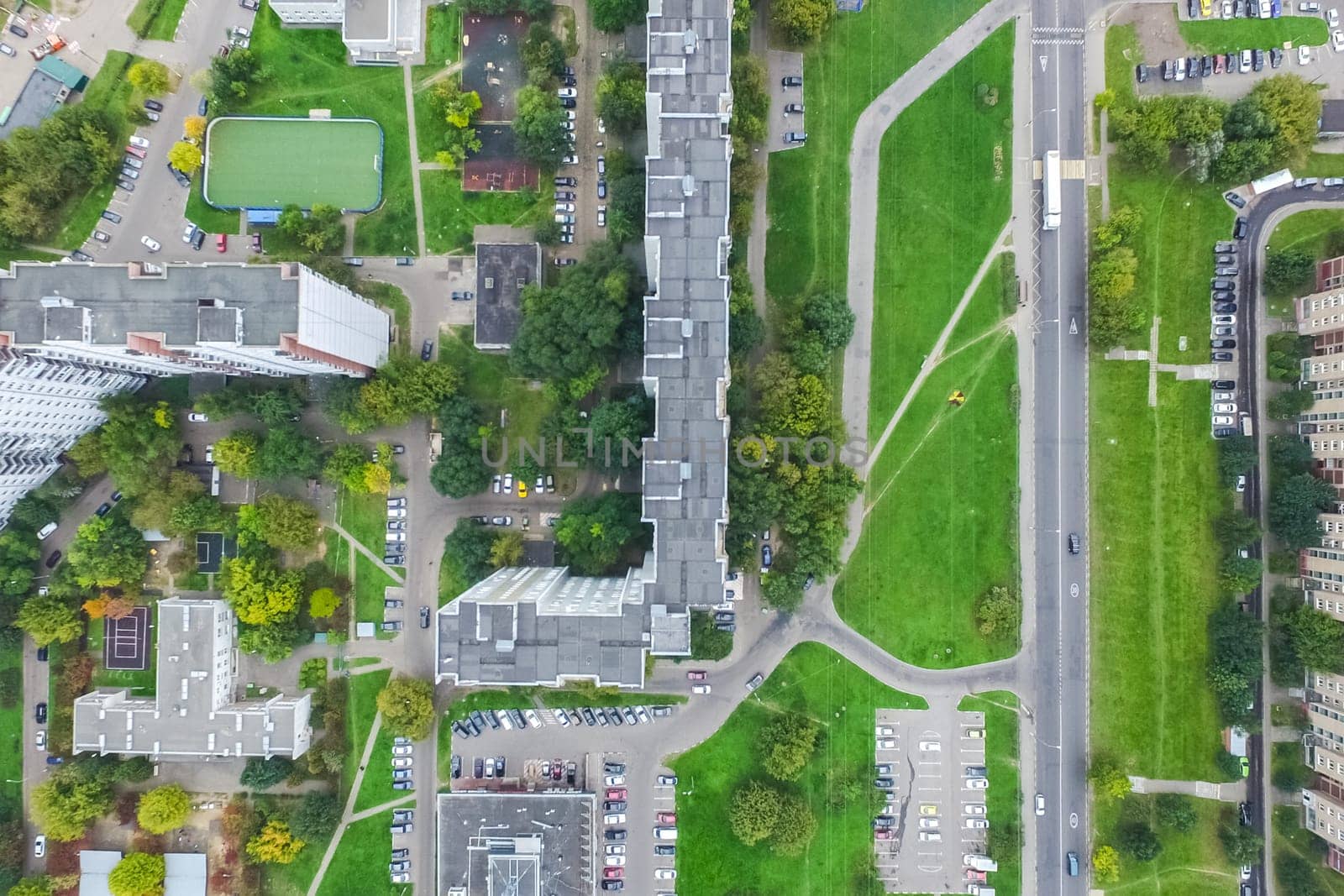 Top view of the city of Moscow, buildings and roads and other infrastructure of the city. Cityscape view from above.