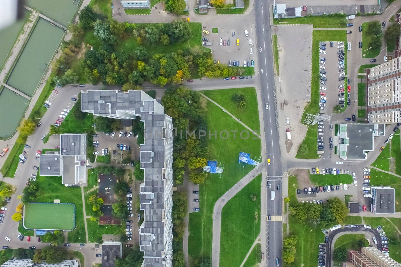 Top view of the city of Moscow, buildings and roads and other infrastructure of the city. Cityscape view from above.
