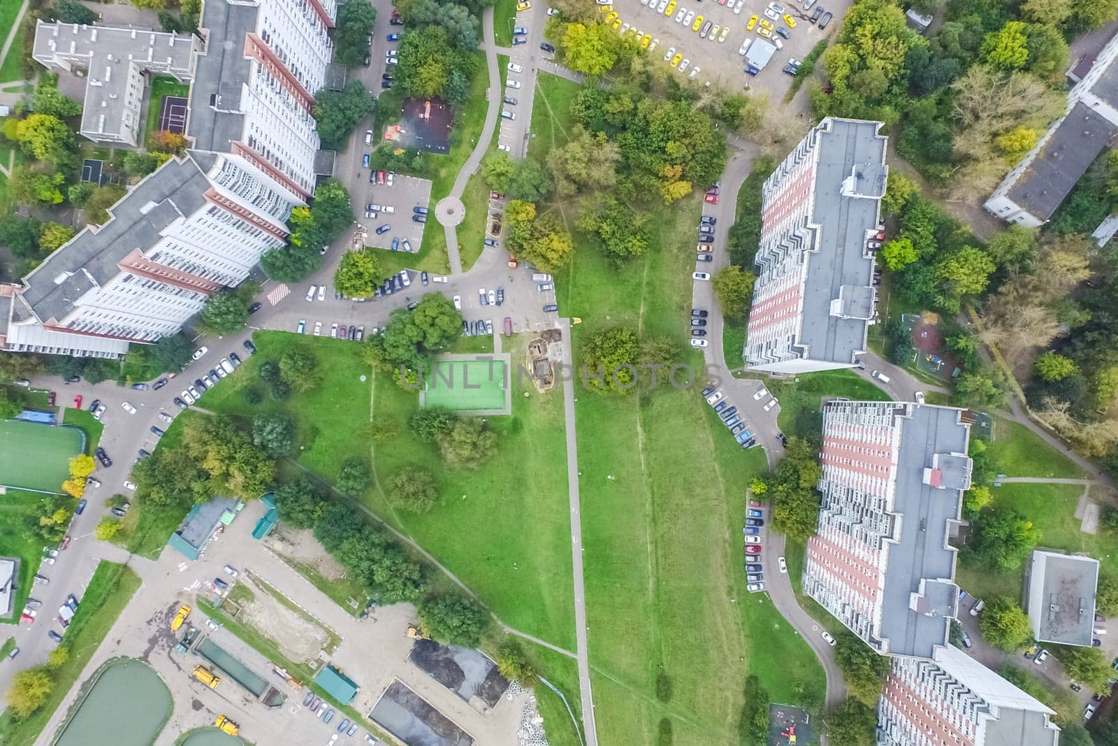Top view of the city of Moscow, buildings and roads and other infrastructure of the city. Cityscape view from above.