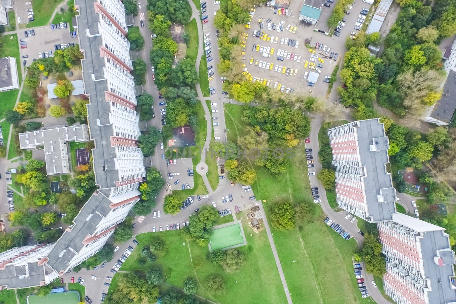 Top view of the city of Moscow, buildings and roads and other infrastructure of the city. Cityscape view from above.