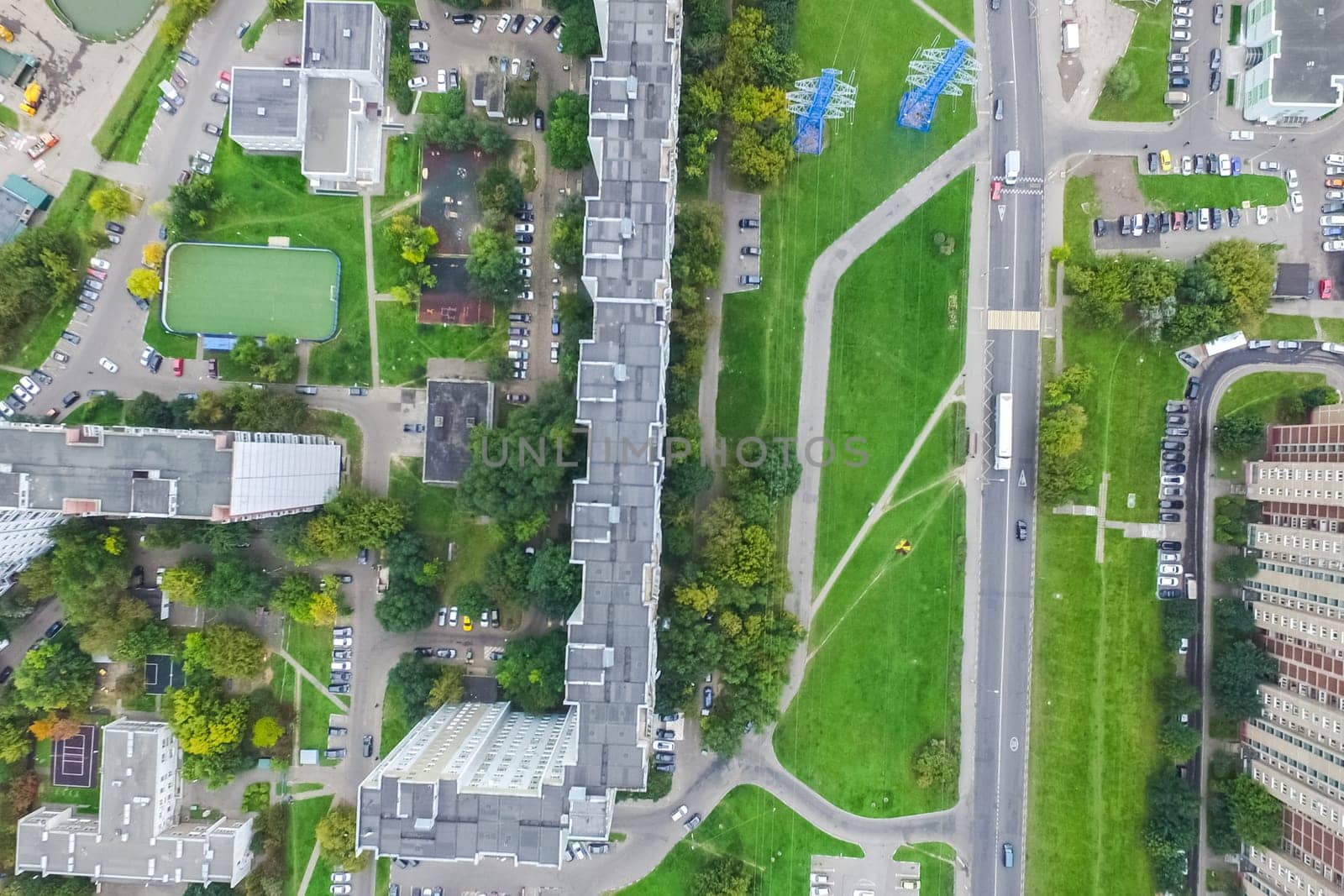 Top view of the city of Moscow, buildings and roads and other infrastructure of the city. Cityscape view from above.