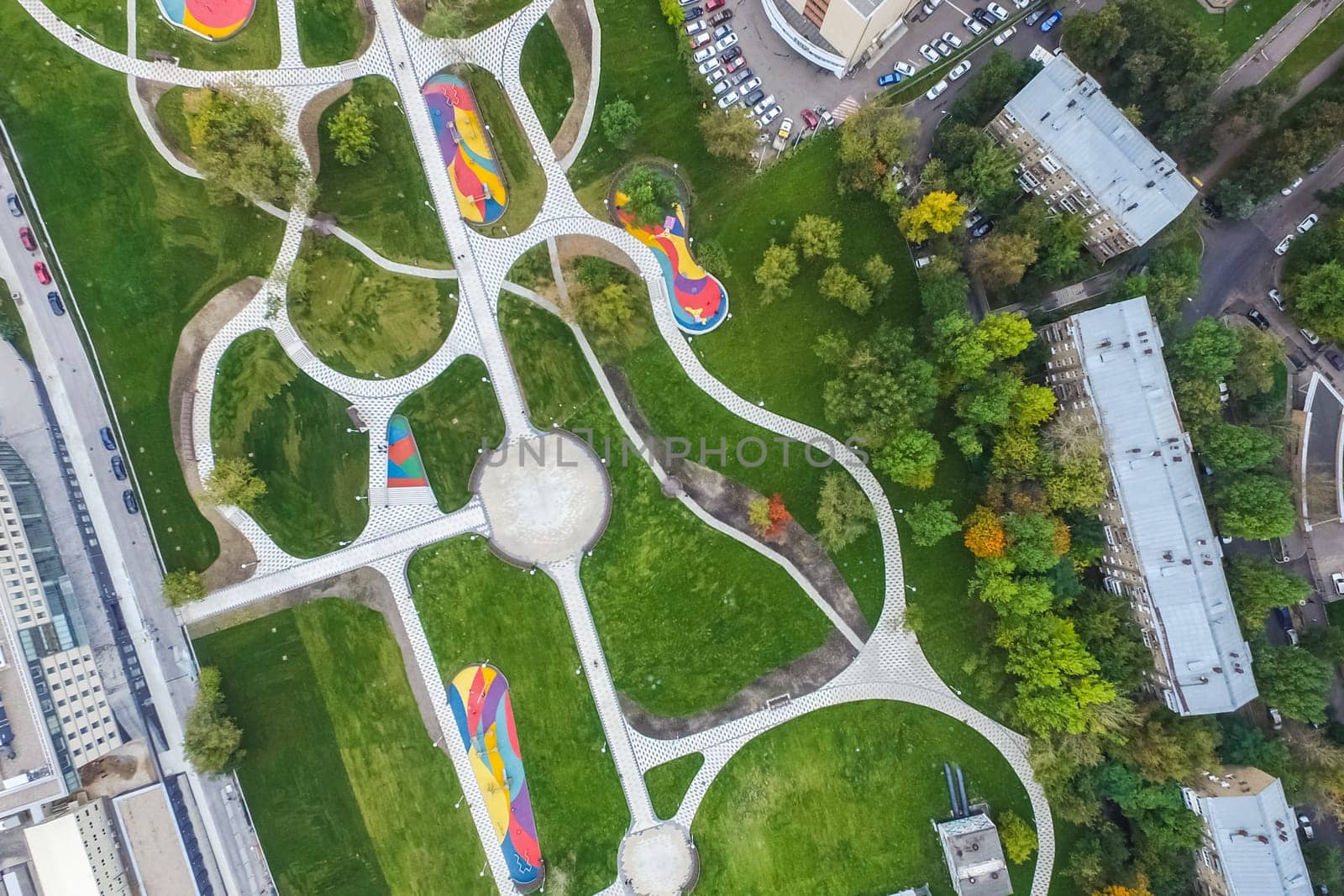 Top view of the city of Moscow, buildings and roads and other infrastructure of the city. Cityscape view from above.