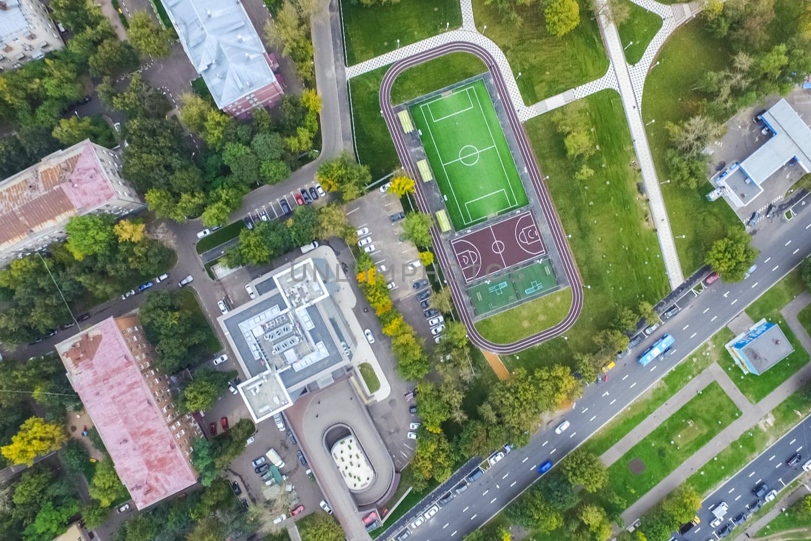 Top view of the city of Moscow, buildings and roads and other infrastructure of the city. Cityscape view from above.