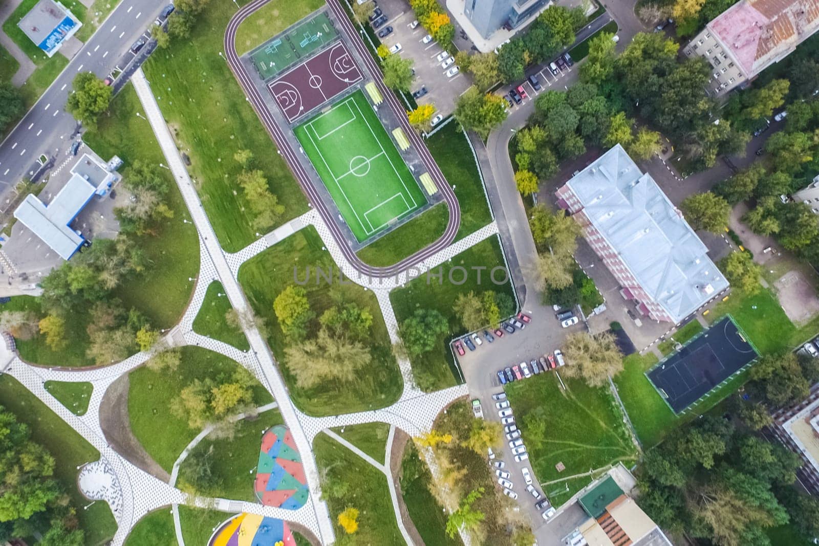 Top view of the city of Moscow, buildings and roads and other infrastructure of the city. Cityscape view from above.