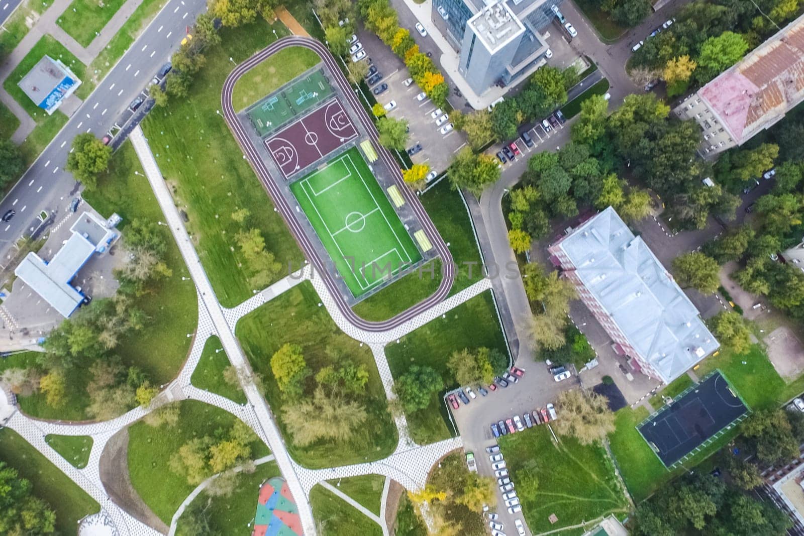 Top view of the city of Moscow, buildings and roads and other infrastructure of the city. Cityscape view from above.