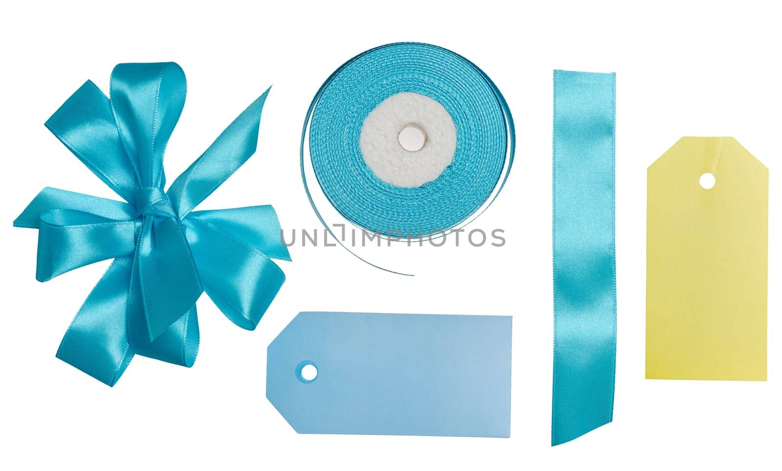 Blue silk ribbon and bow, paper tag for congratulations. Isolated background