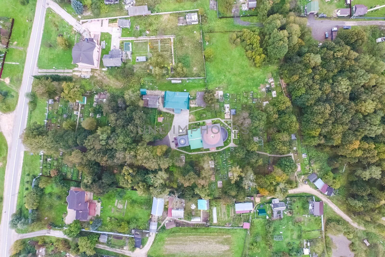 Top view of the village, fields and forests near the village
