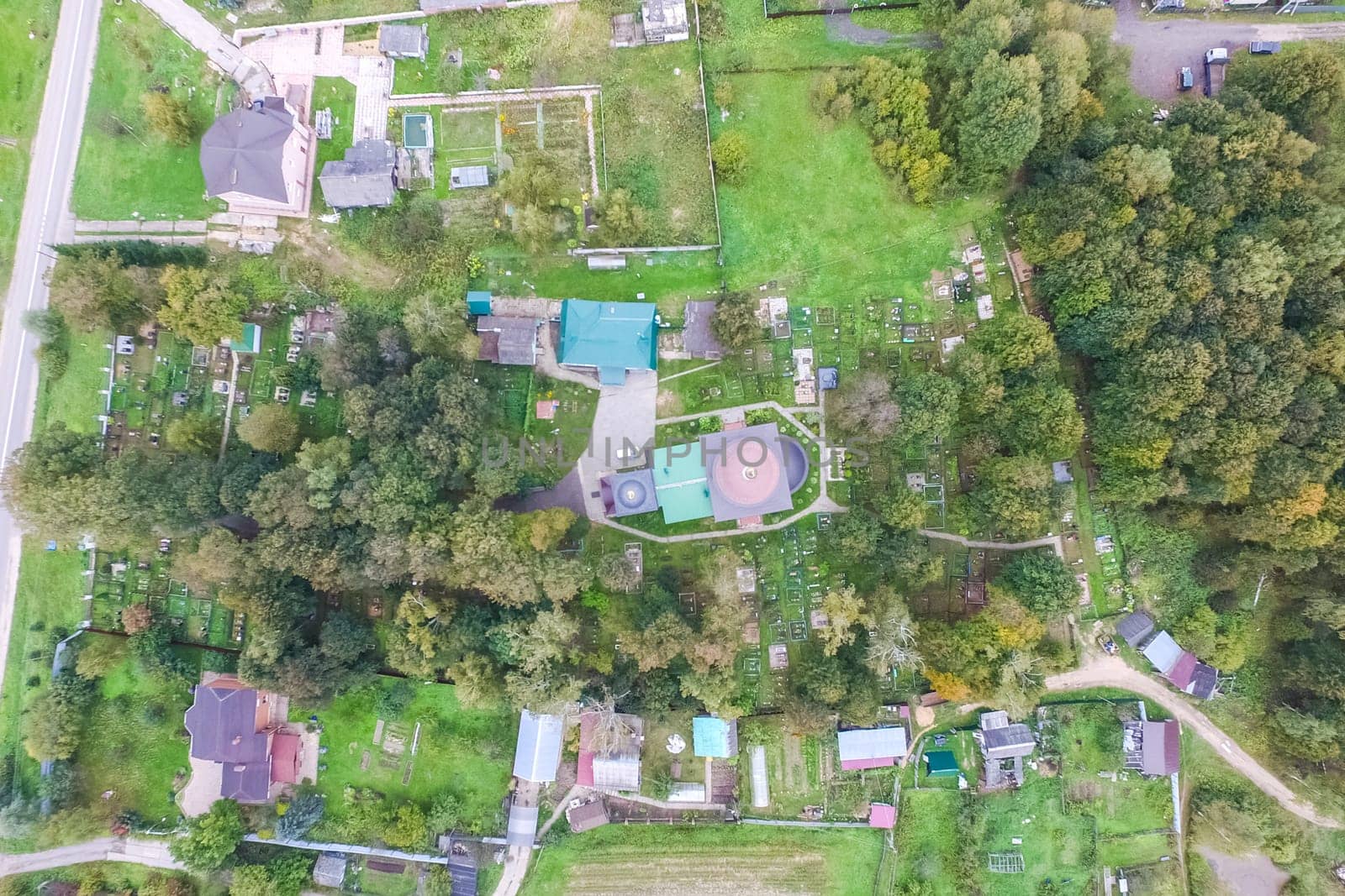 Top view of the village, fields and forests near the village