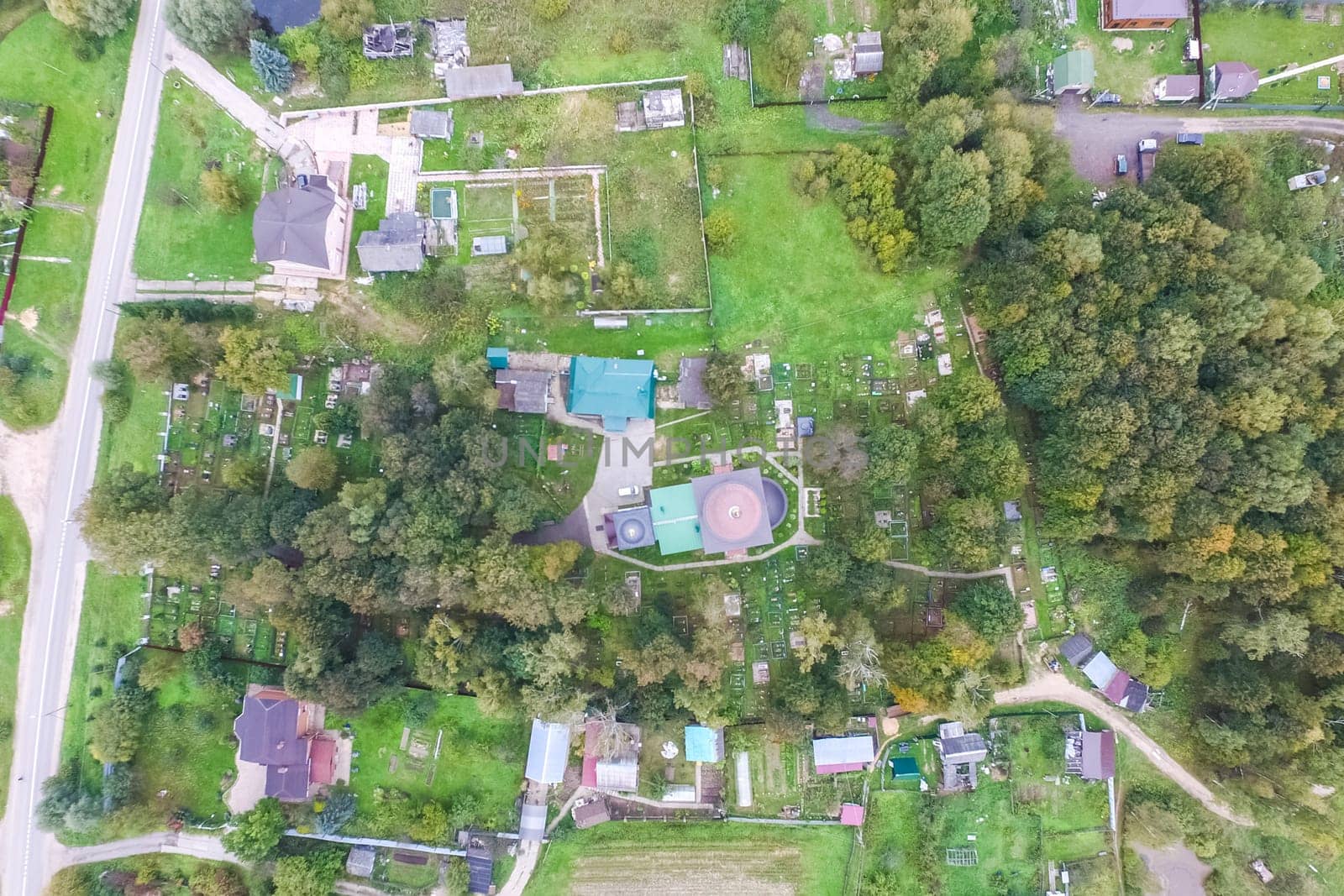 Top view of the village, fields and forests near the village