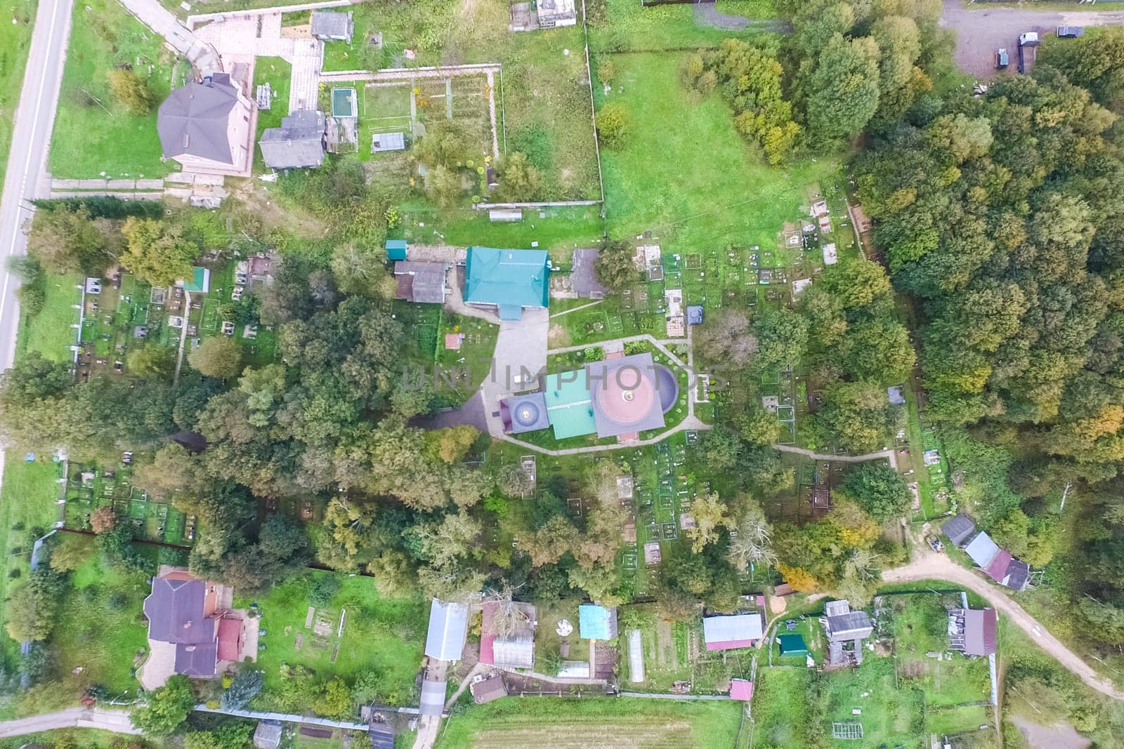 Top view of the village, fields and forests near the village