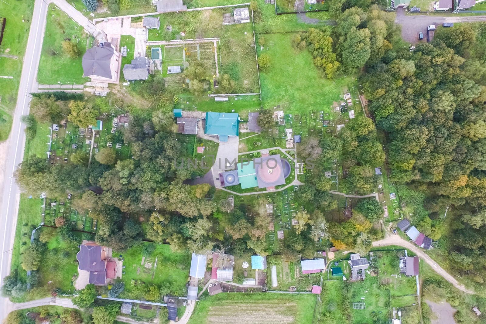 Top view of the village, fields and forests near the village