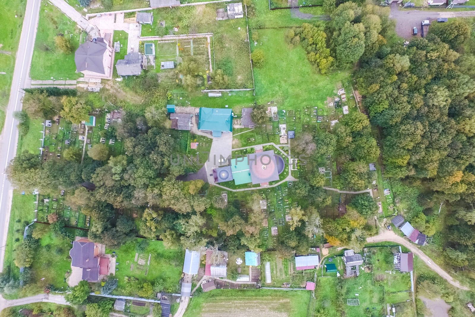 Top view of the village, fields and forests near the village