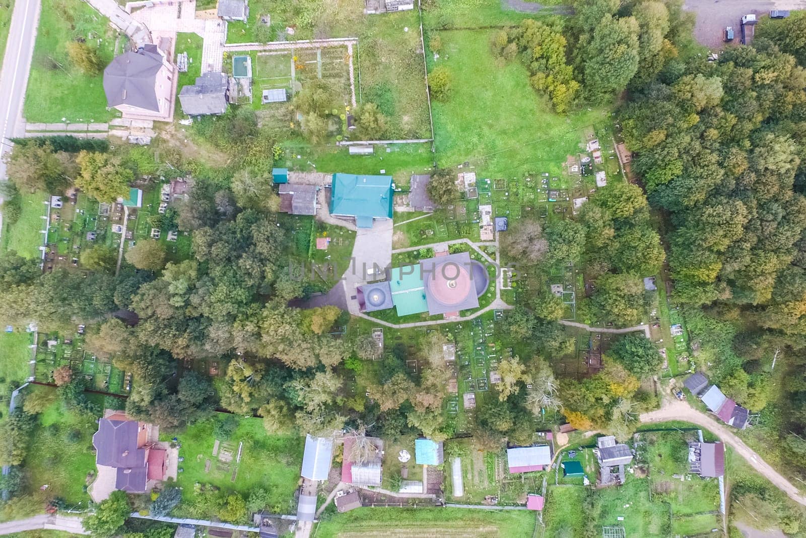 Top view of the village, fields and forests near the village