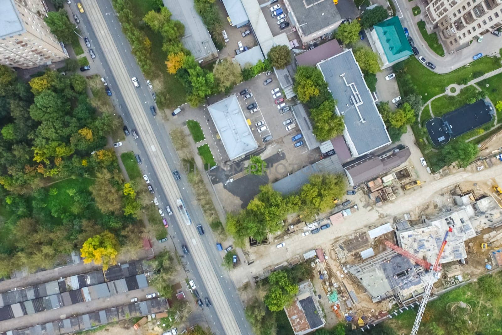Top view of the city of Moscow, buildings and roads and other infrastructure of the city. Cityscape view from above.
