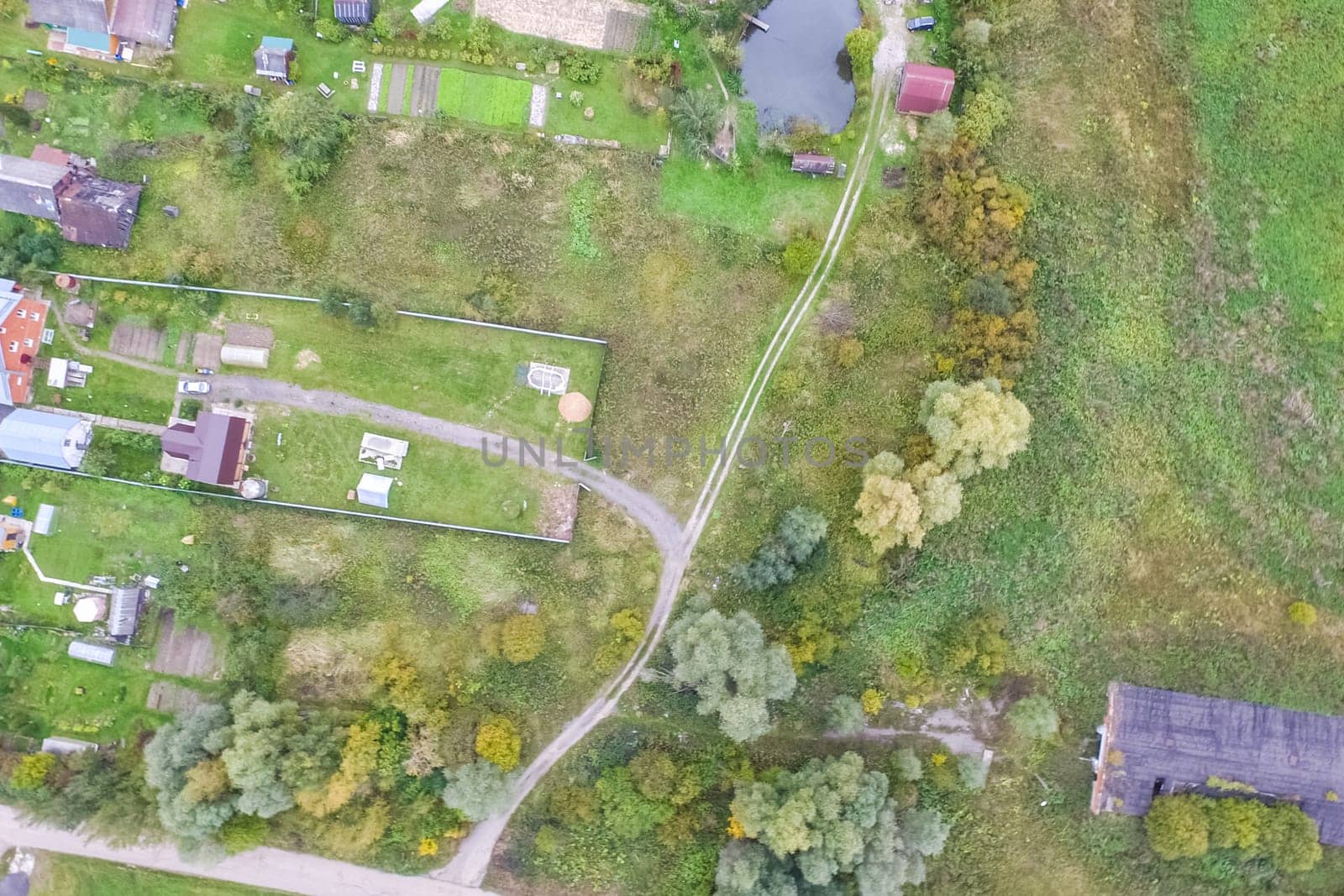 Top view of the village, fields and forests near the village