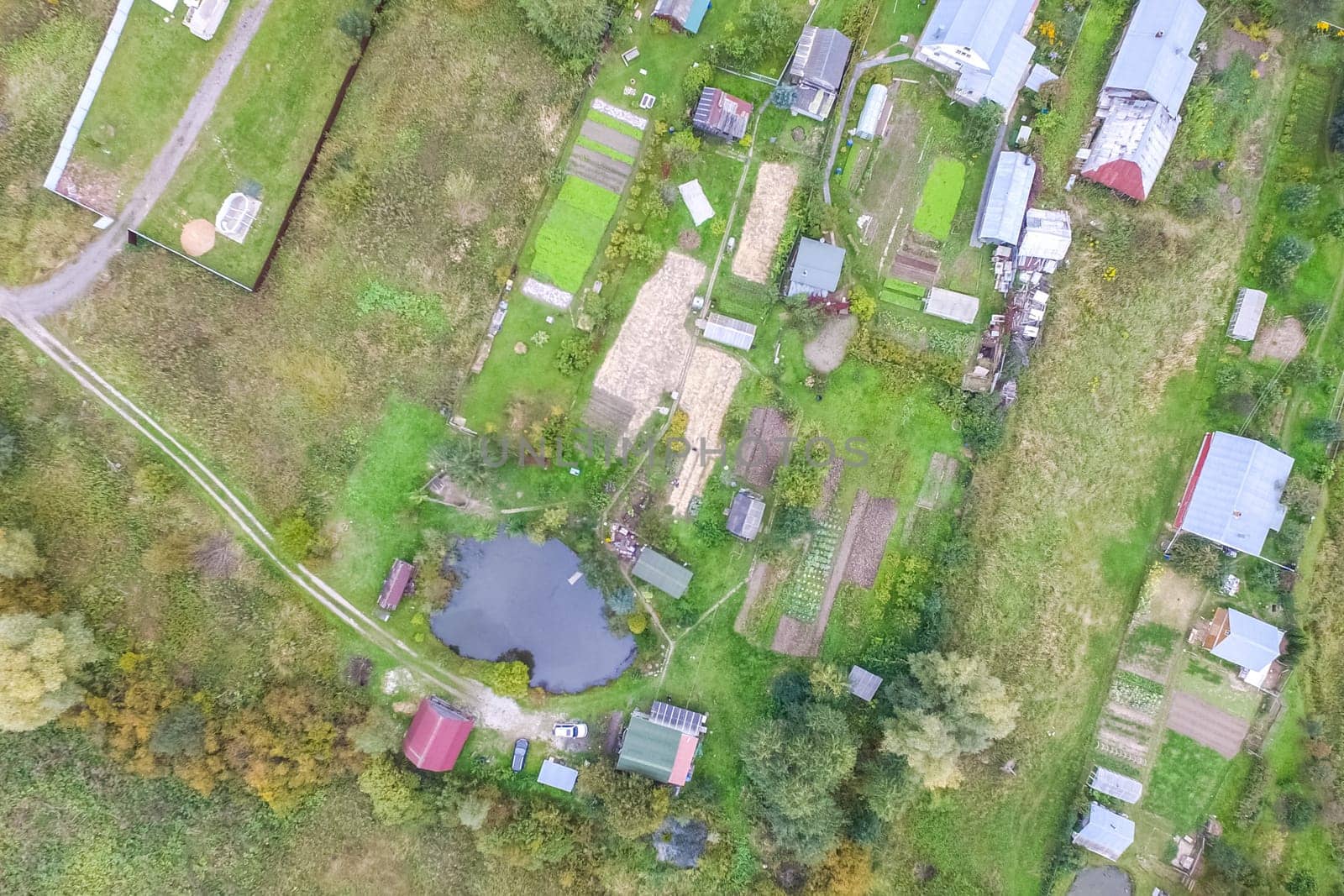Top view of the village, fields and forests near the village