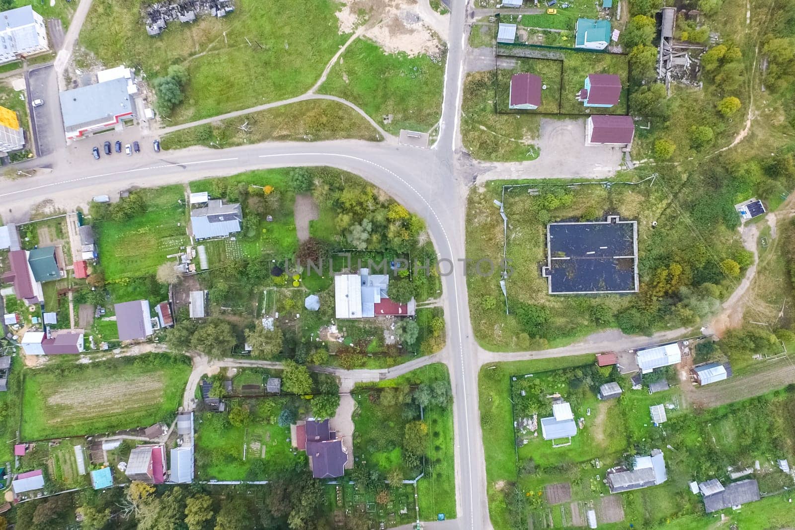 Top view of the village, fields and forests near the village