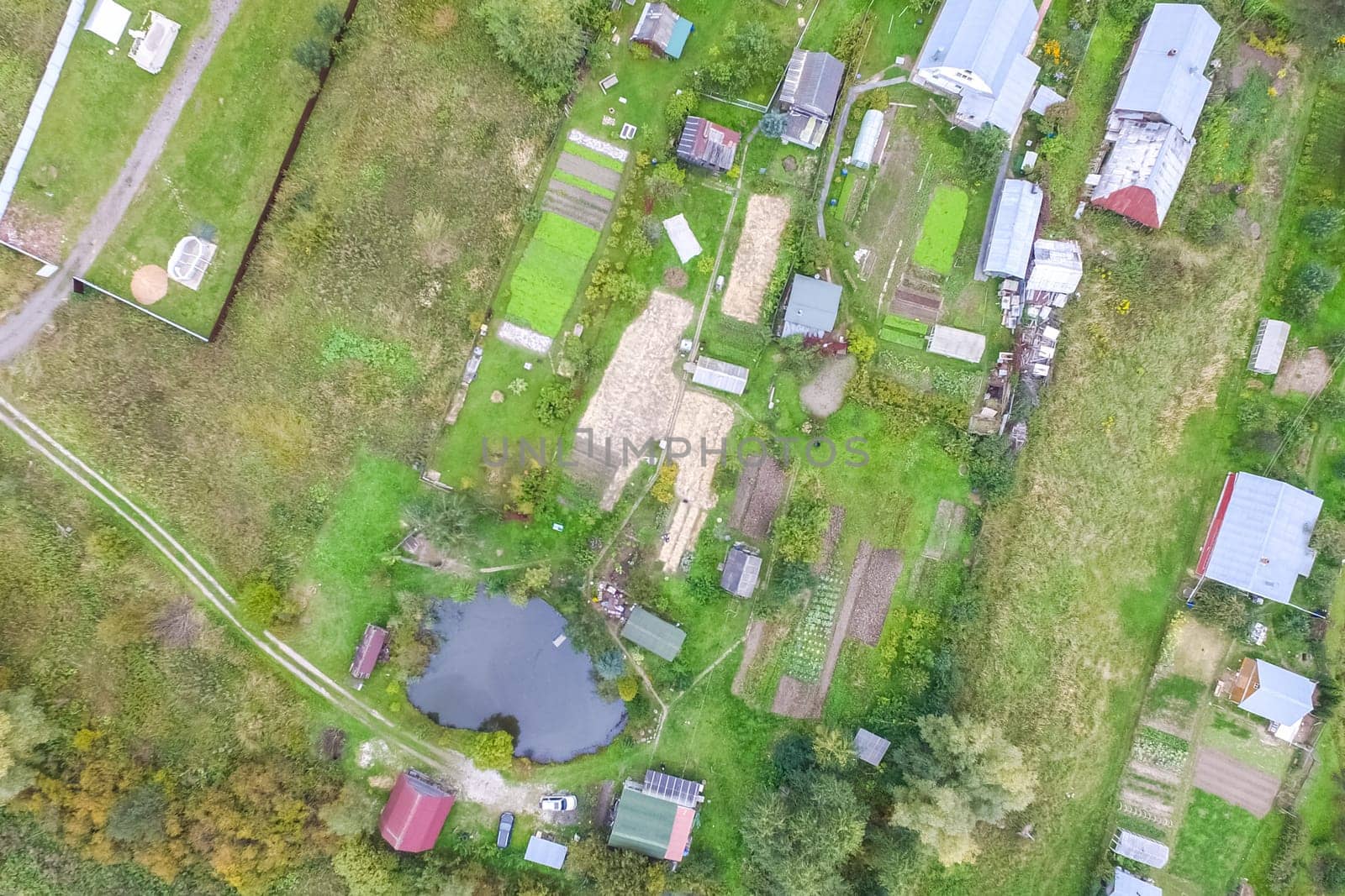 Top view of the village, fields and forests near the village