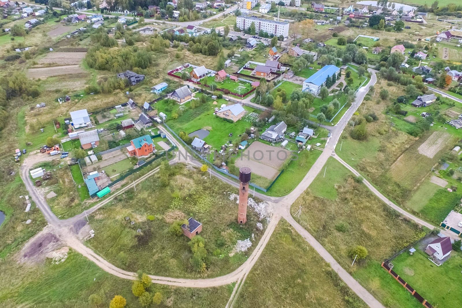 Top view of the village, fields and forests near the village
