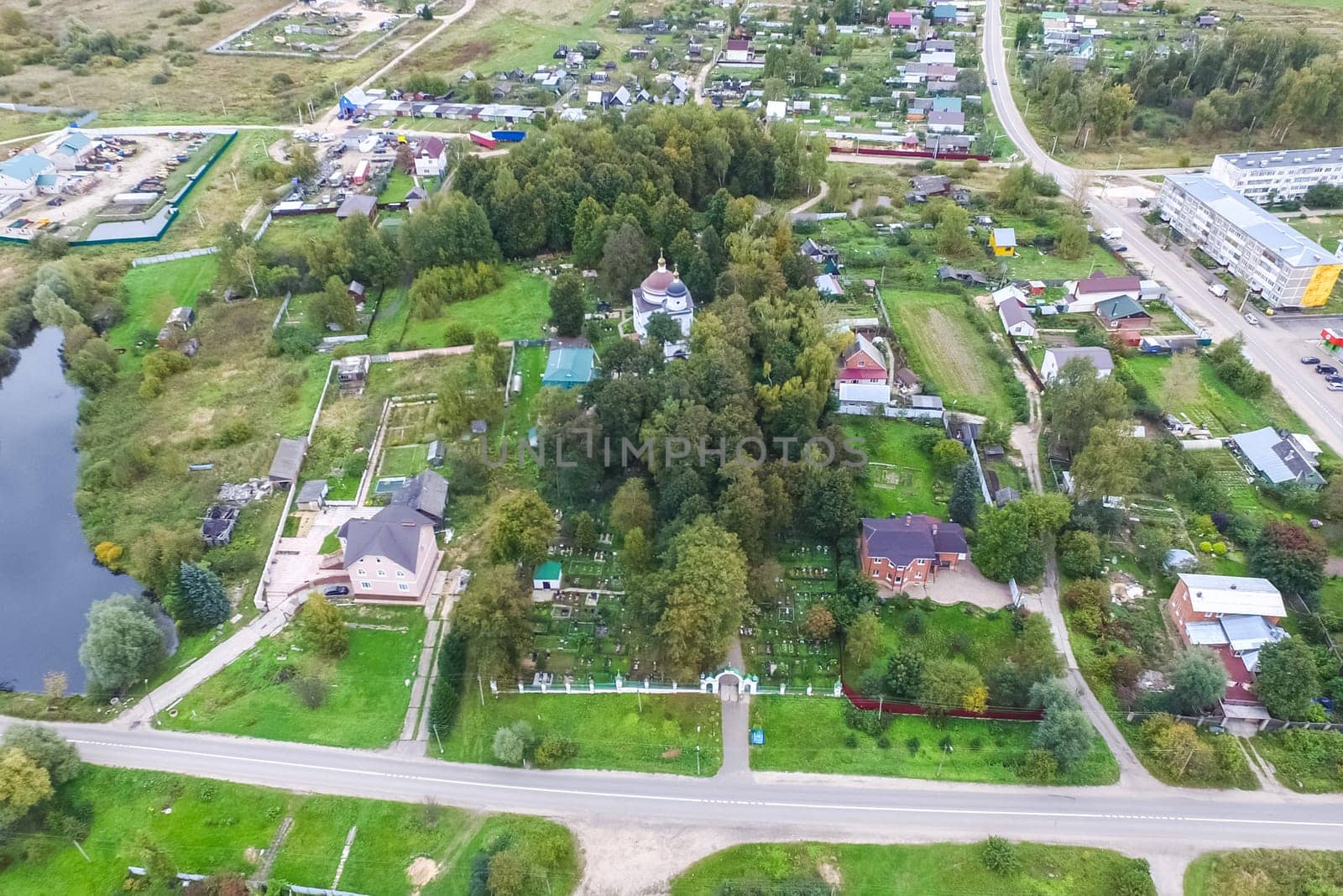 Top view of the village, fields and forests near the village