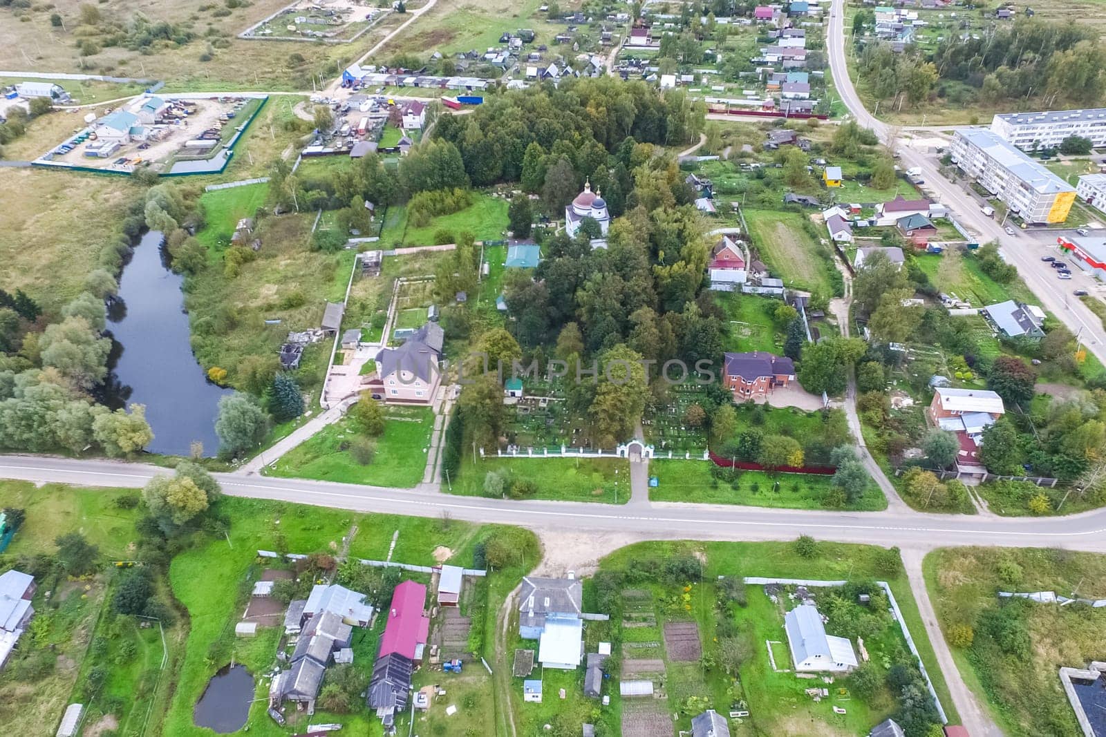Top view of the village, fields and forests near the village
