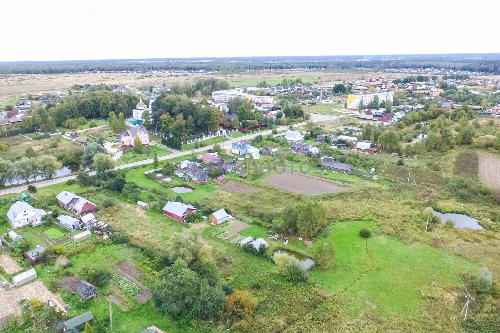 Top view of the village, fields and forests near the village