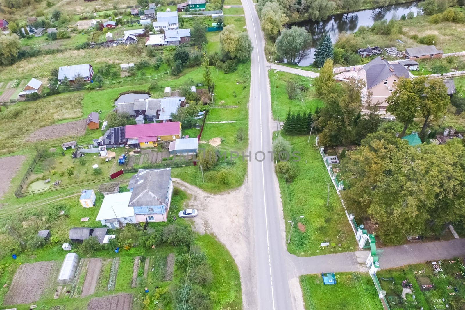 Top view of the village, fields and forests near the village