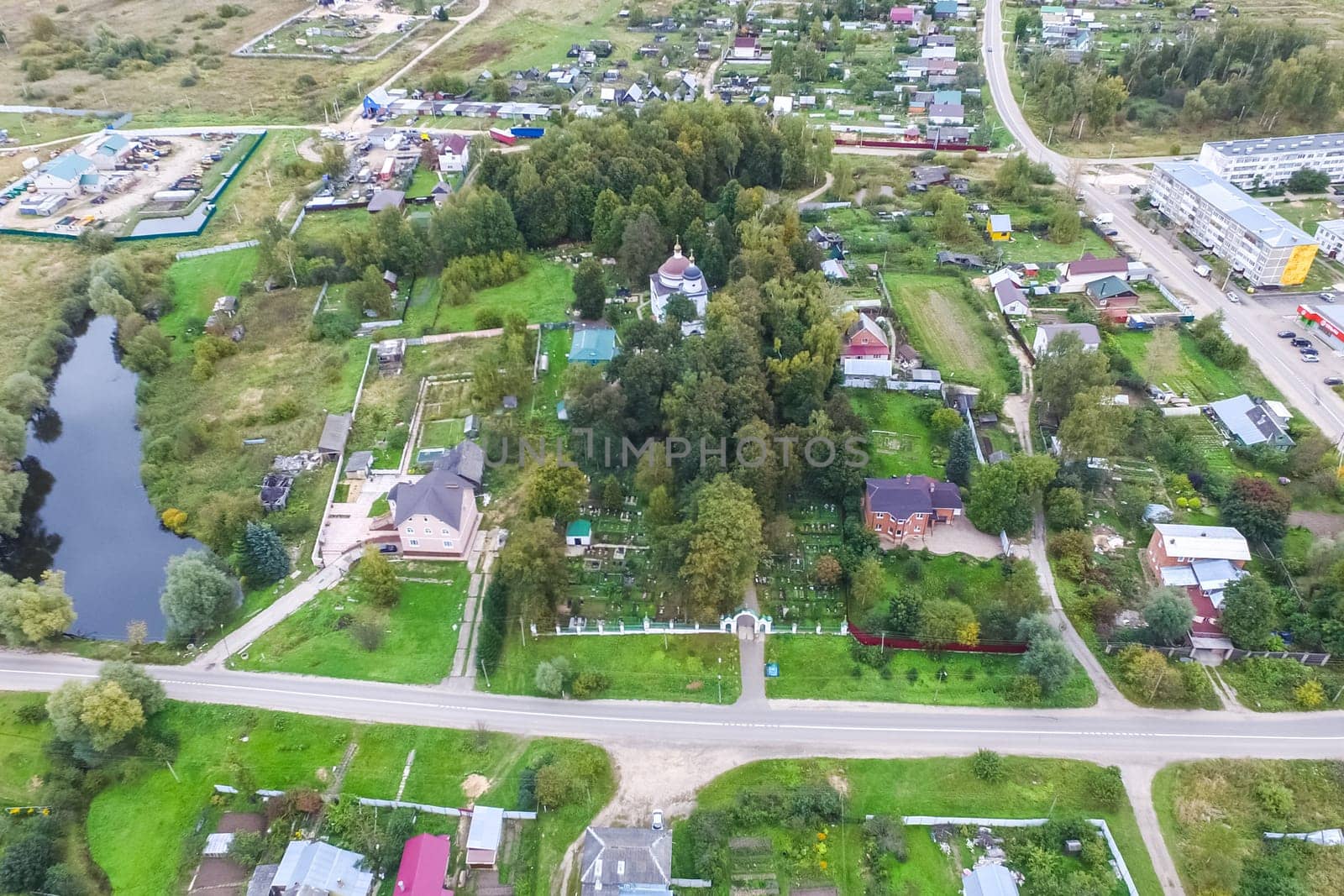 Top view of the village, fields and forests near the village