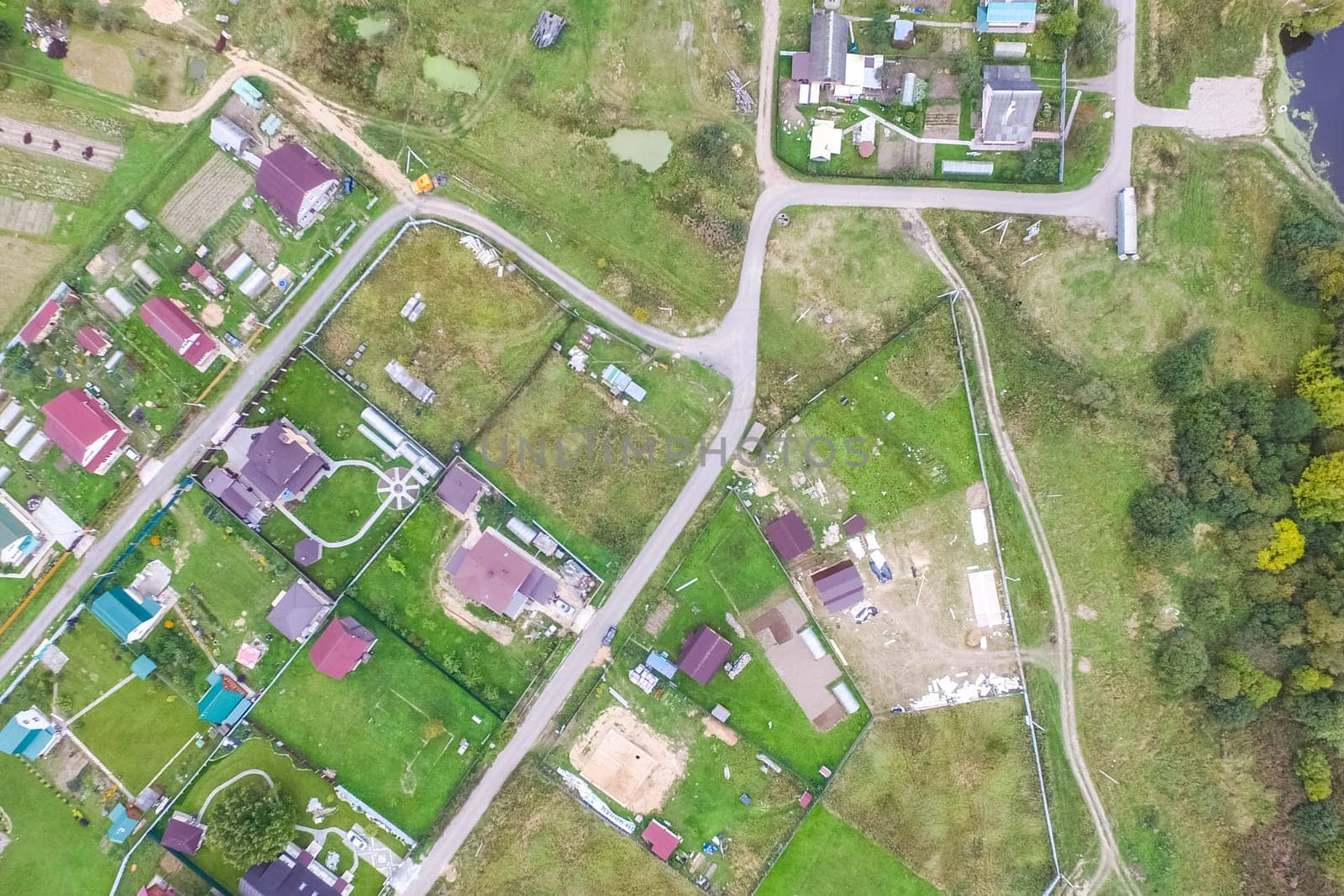 Top view of the village, fields and forests near the village