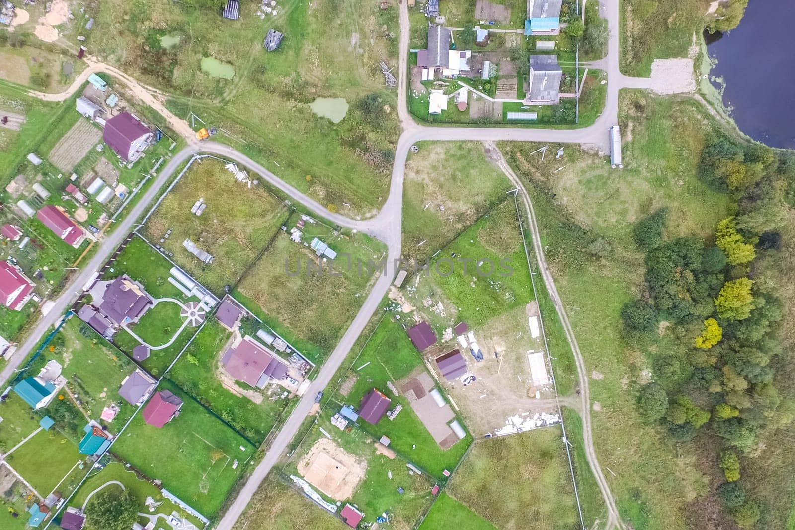 Top view of the village, fields and forests near the village
