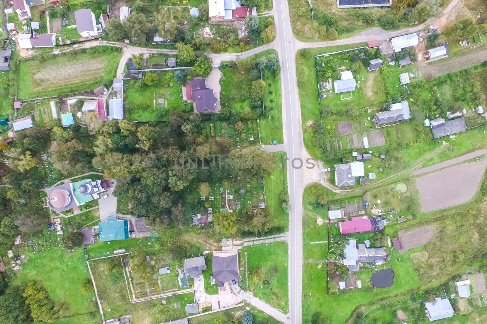 Top view of the village, fields and forests near the village