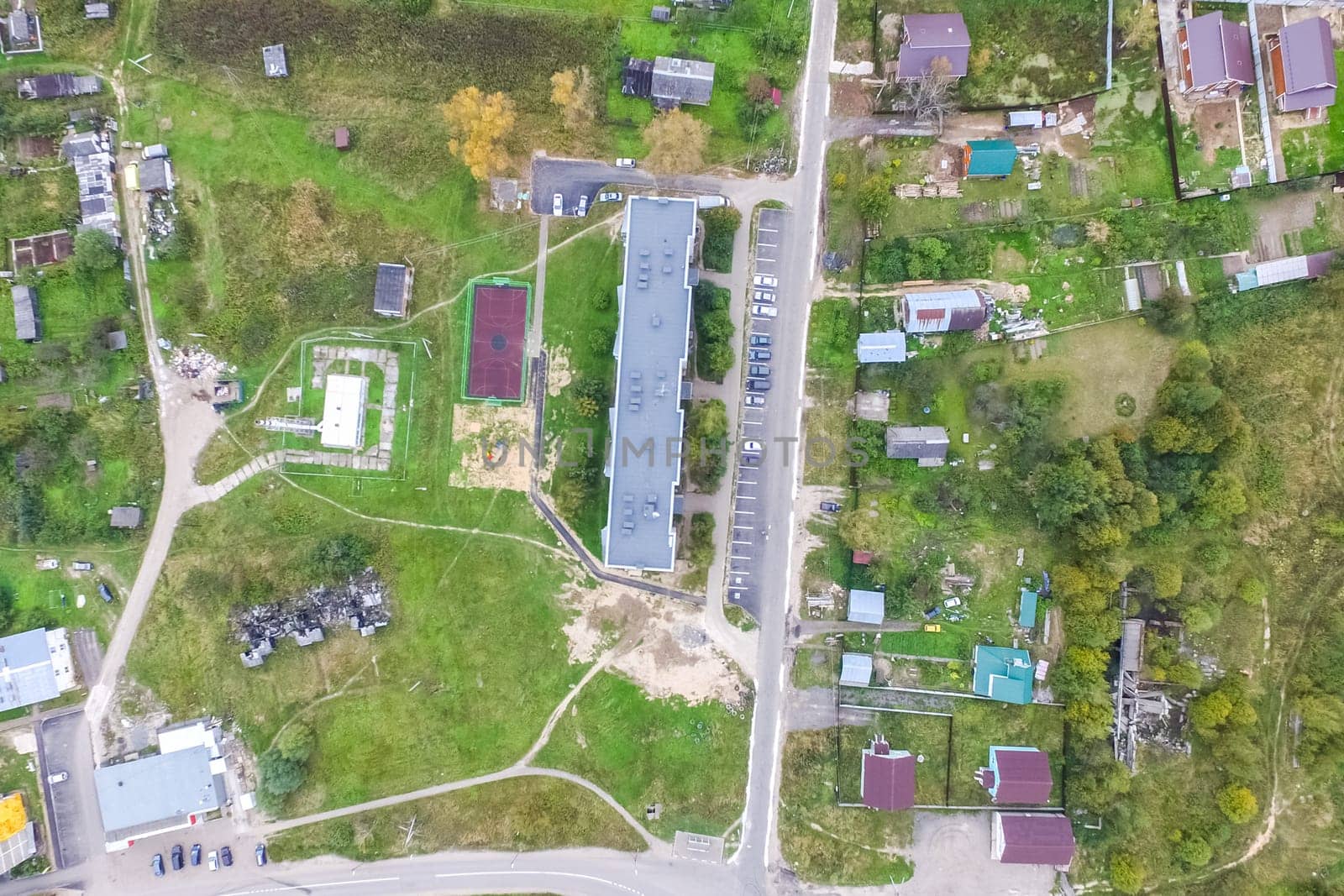 Top view of the village, fields and forests near the village