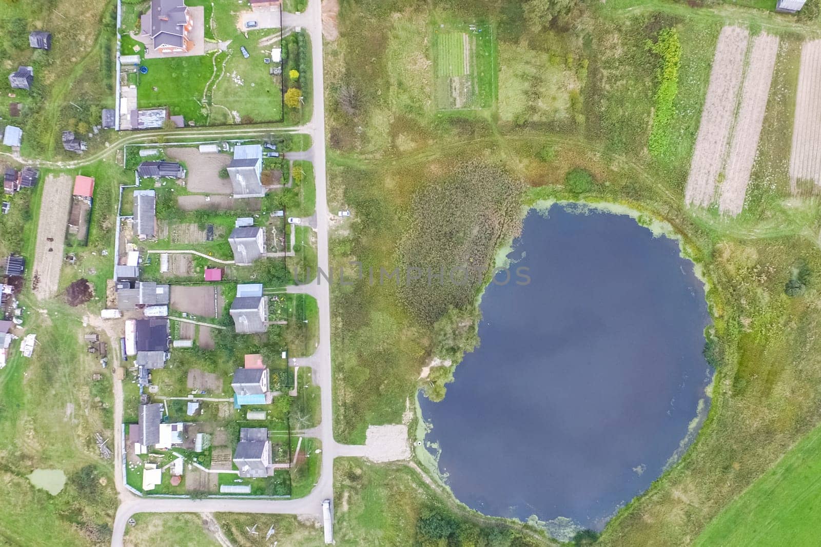 Top view of the village, fields and forests near the village