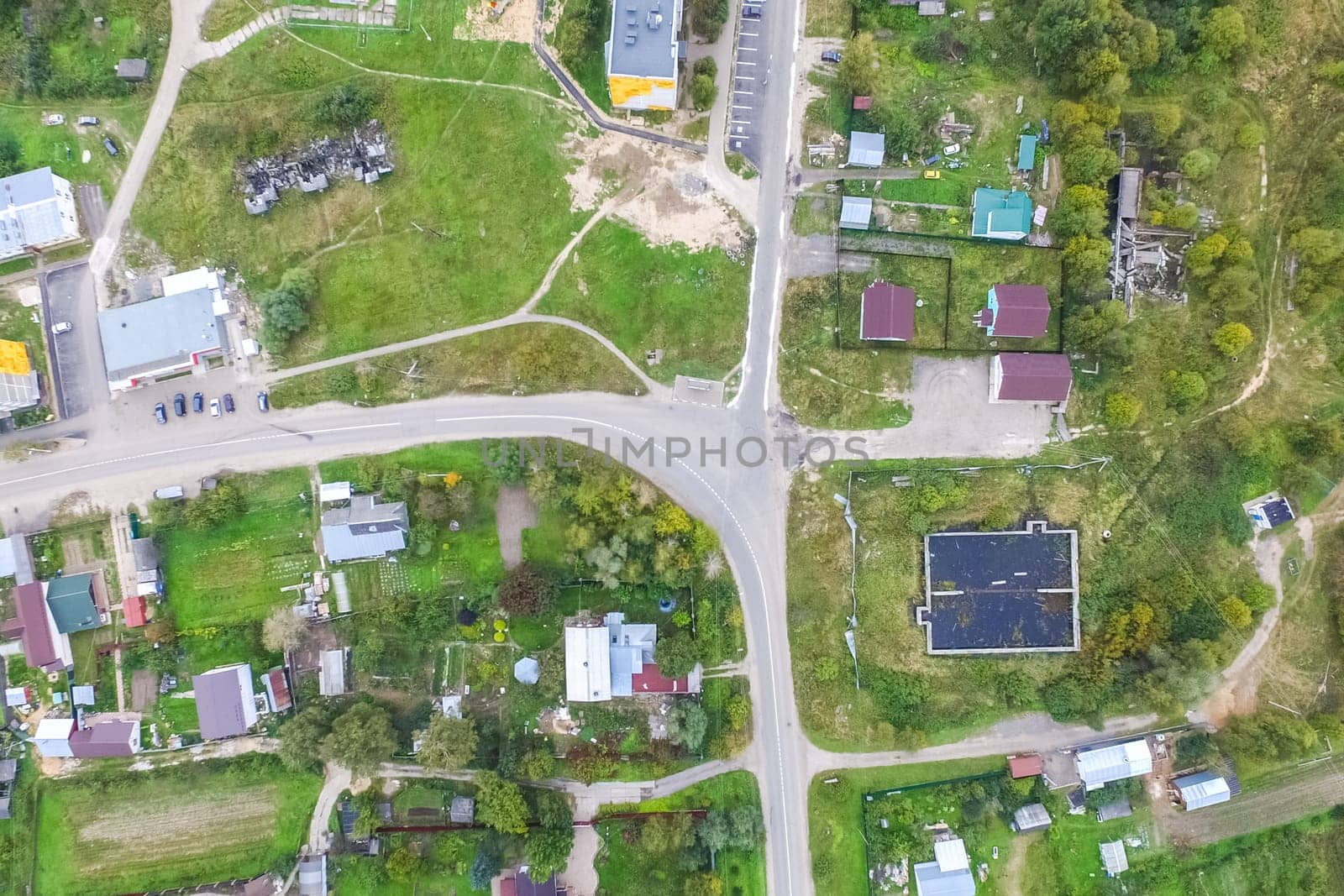 Top view of the village, fields and forests near the village
