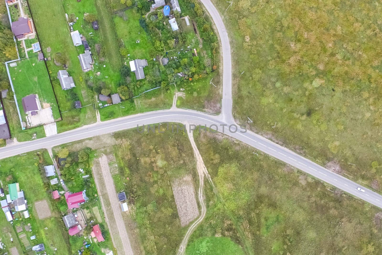 Top view of the village, fields and forests near the village