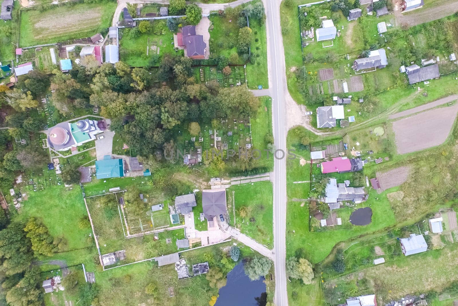 Top view of the village, fields and forests near the village