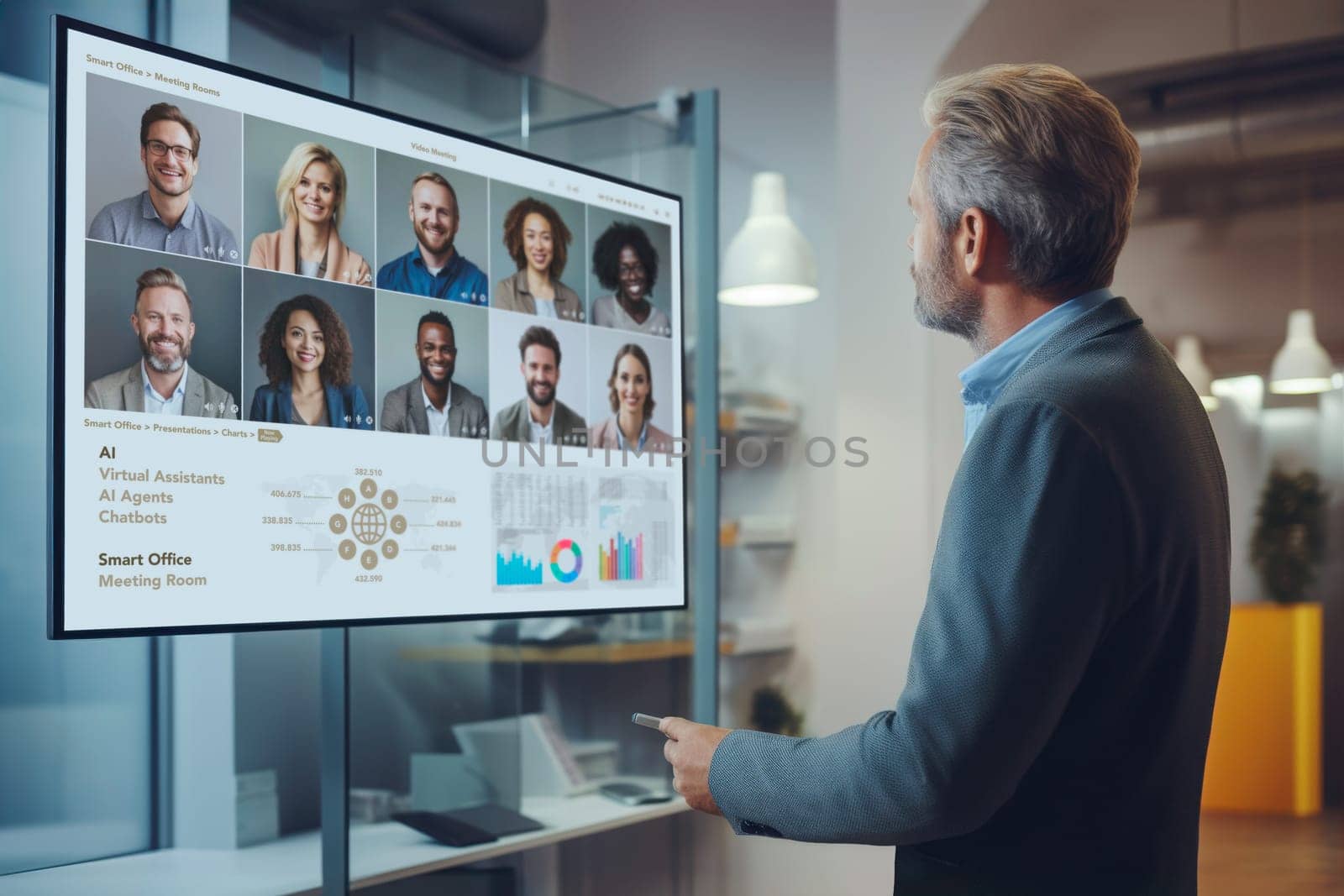 Online video meeting of multinational work team. Businessman having online business conference video call with employees on tv screen monitor in board meeting room. Video conference presentation. Group of diverse people involved. Team making video call on internet. Discussing company financial statements