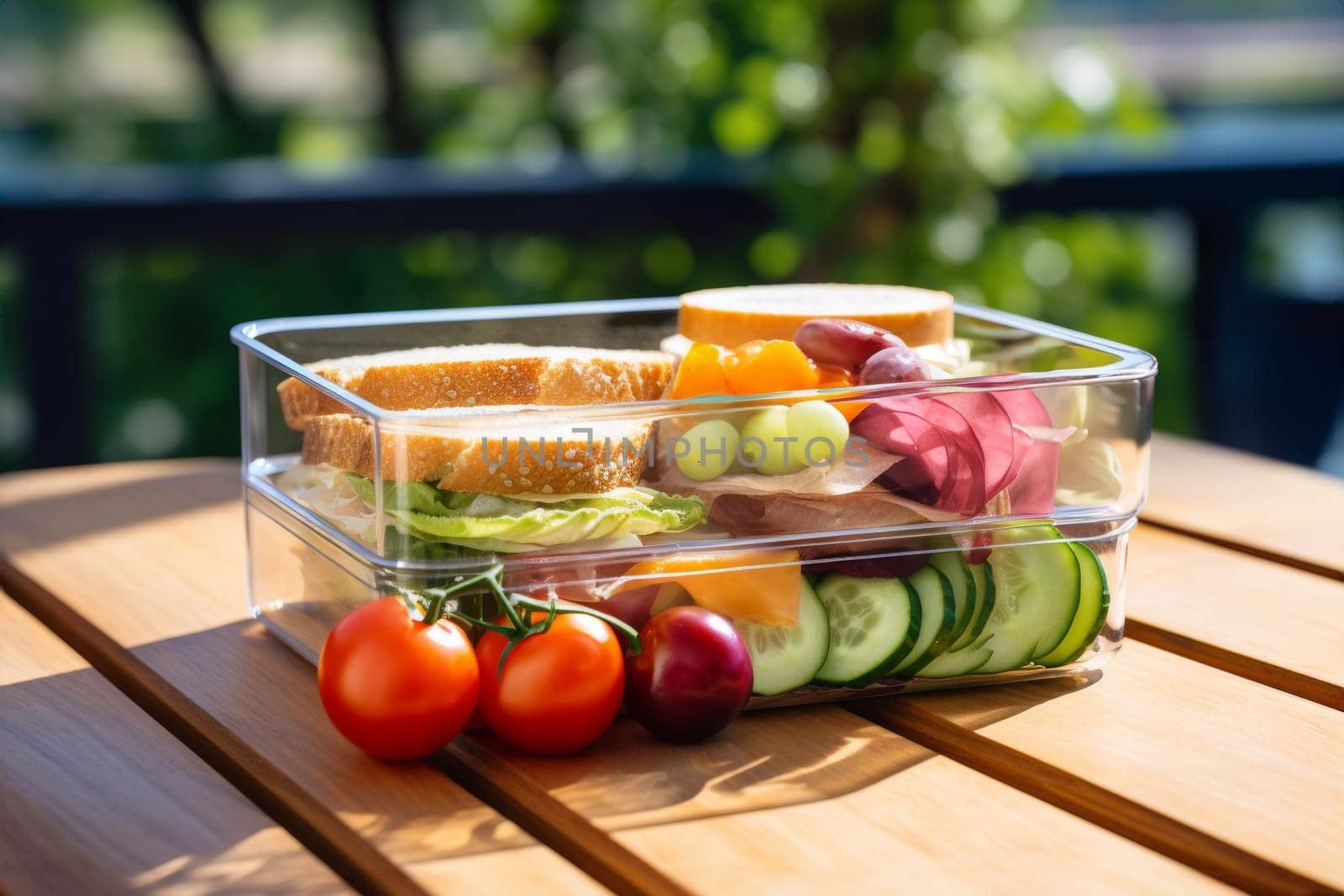 Eating meal outdoor. Healthy balanced lunch to eat at trip. Ready to eat on the go. Lunch in container for active people. Lunch box with healthy snacks. Healthy box with sliced vegetables and fruits. Fresh, healthy and convenient  meal