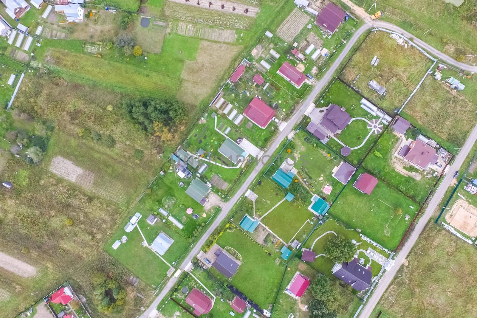 Top view of the village, fields and forests near the village