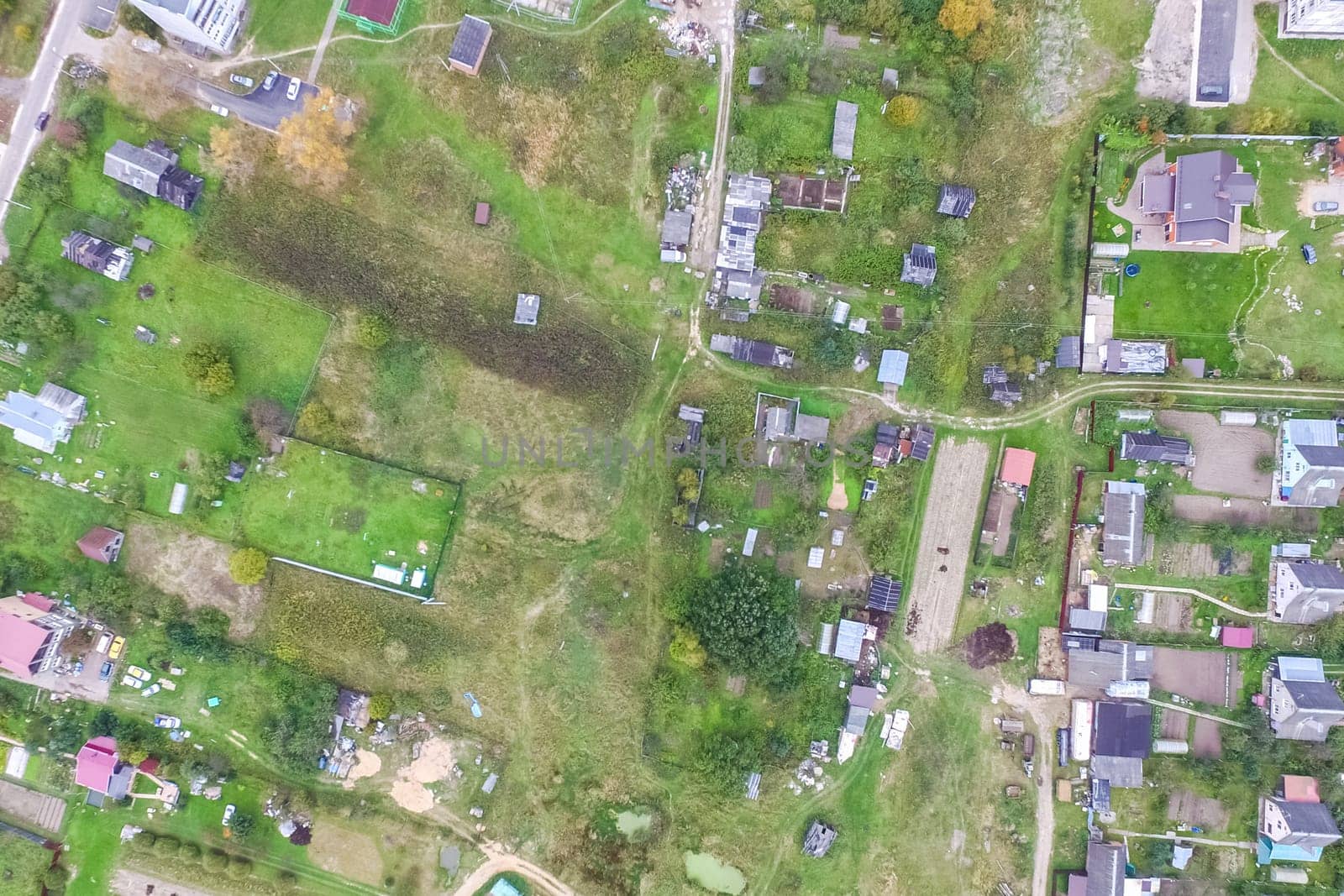 Top view of the village, fields and forests near the village