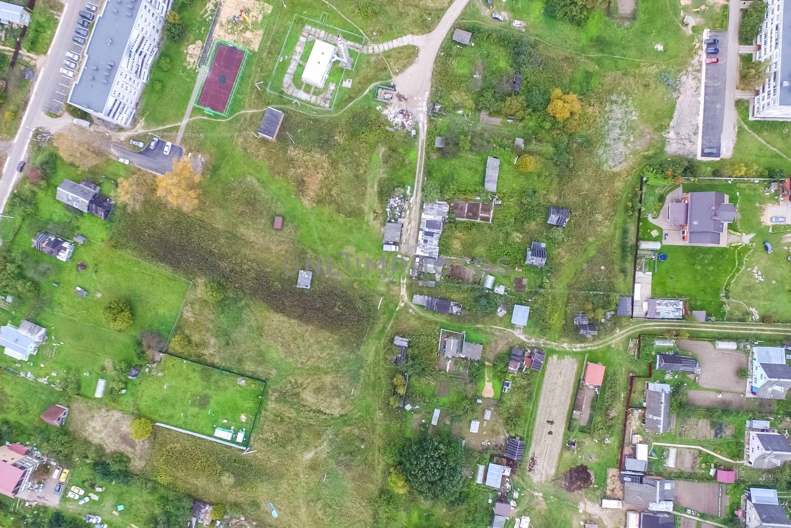 Top view of the village, fields and forests near the village