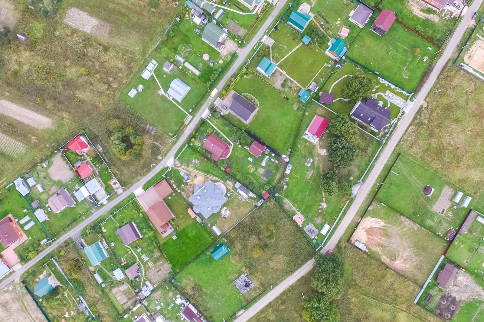 Top view of the village, fields and forests near the village