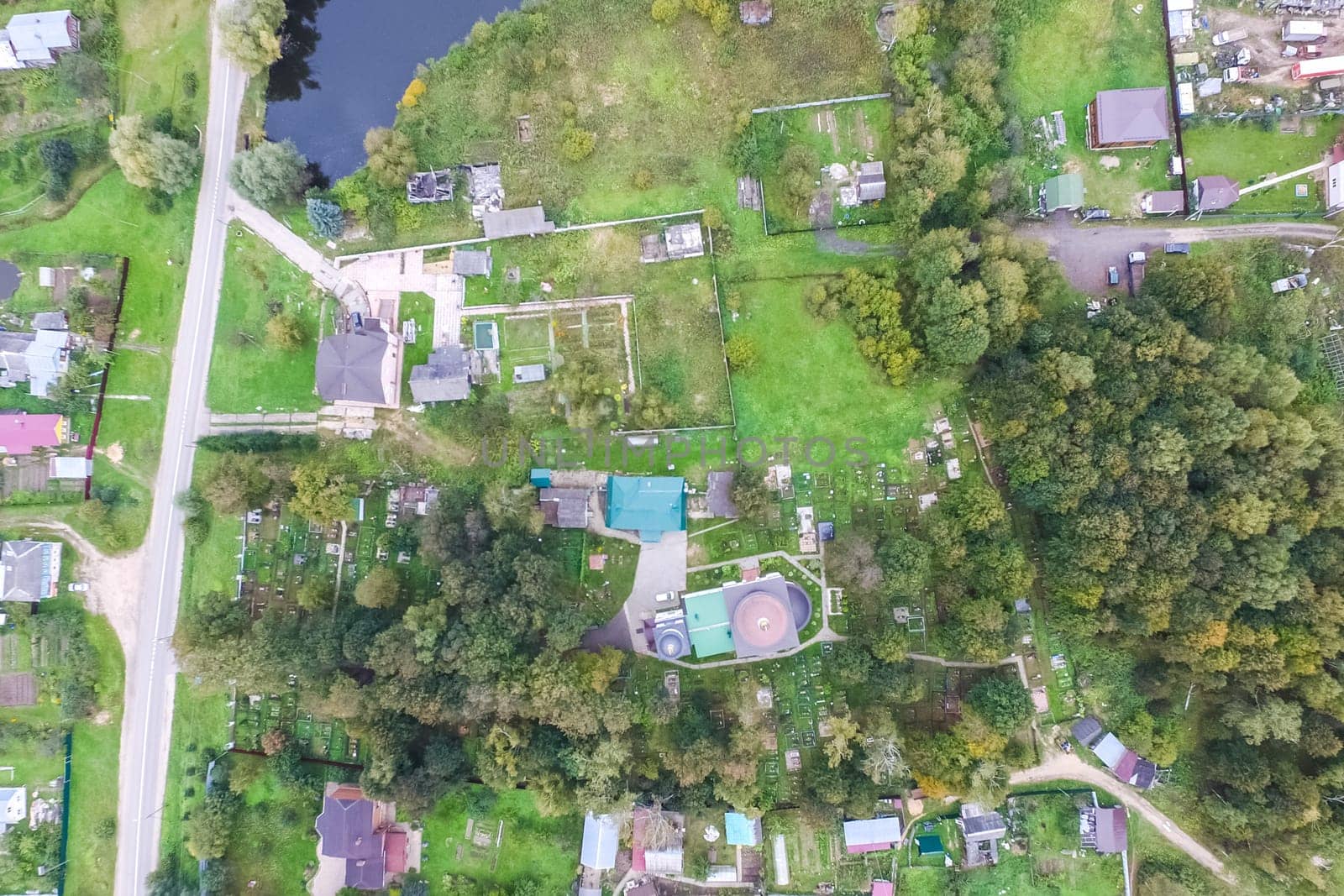 Top view of the village, fields and forests near the village