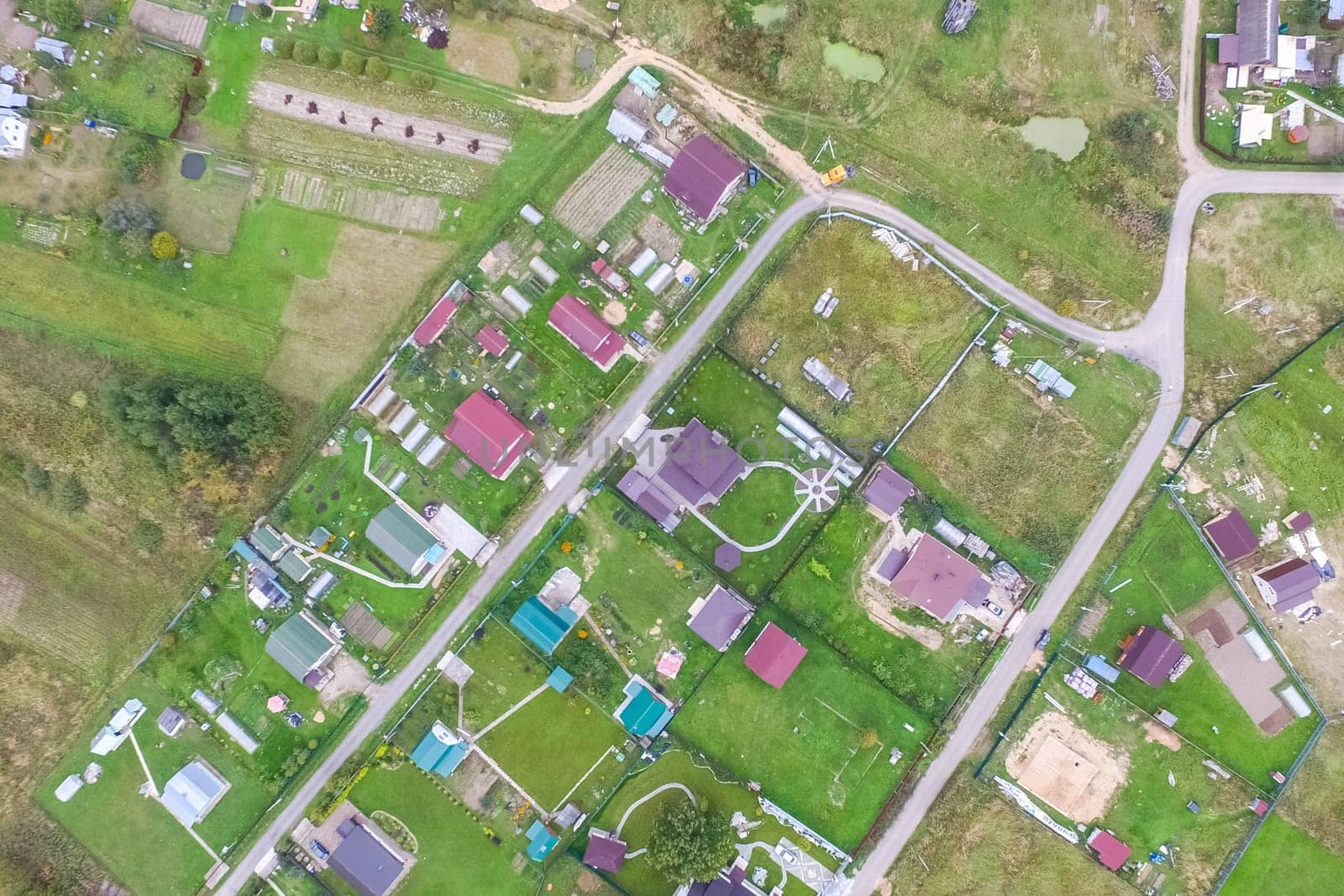 Top view of the village, fields and forests near the village