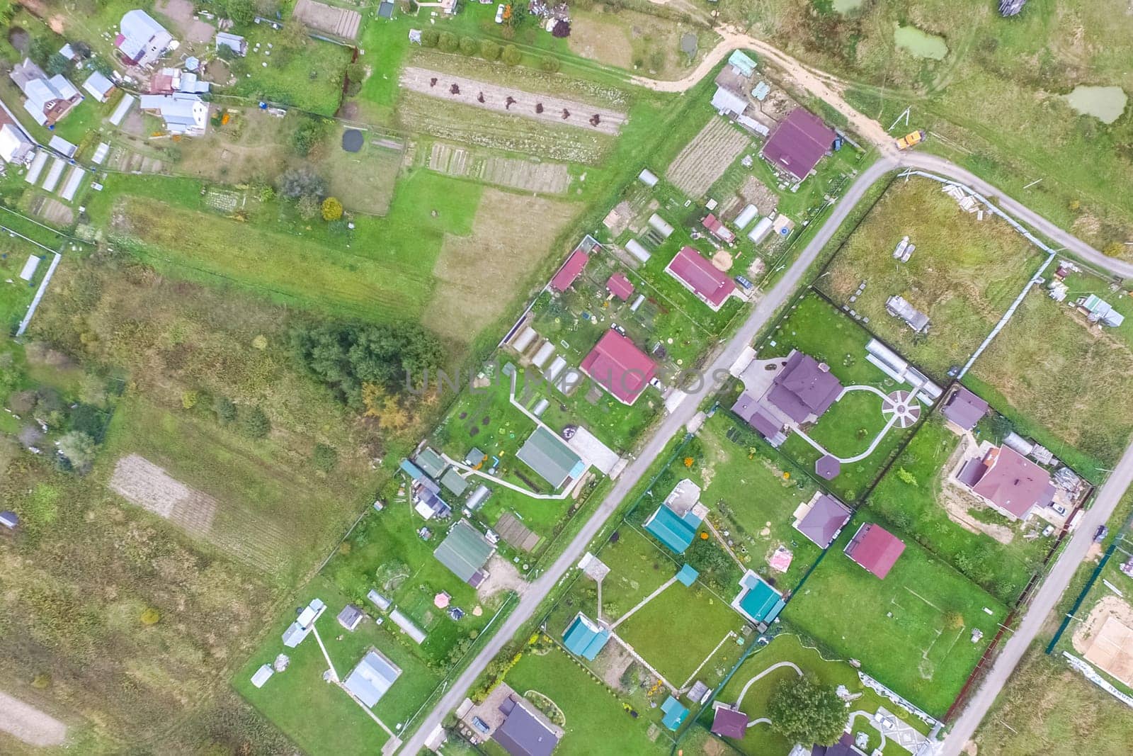 Top view of the village, fields and forests near the village