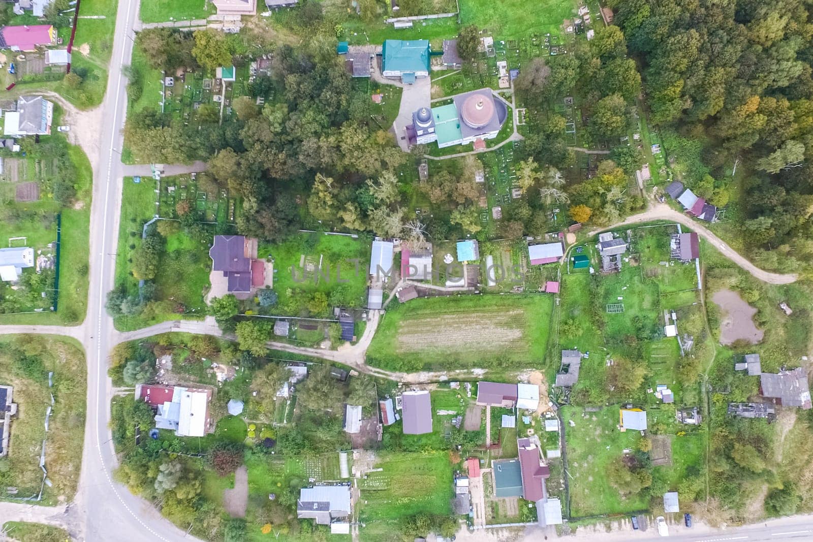Top view of the village, fields and forests near the village