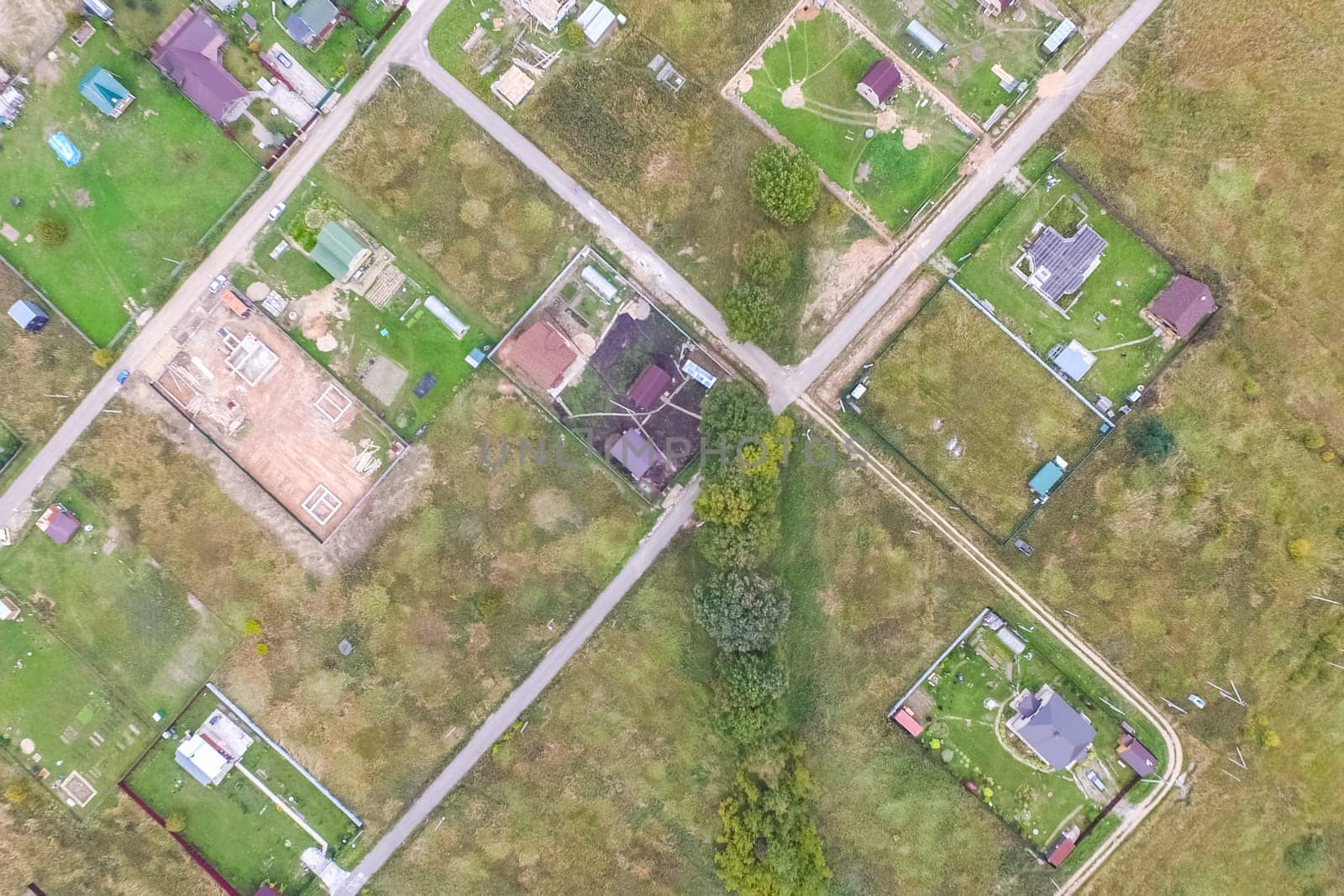 Top view of the village, fields and forests near the village