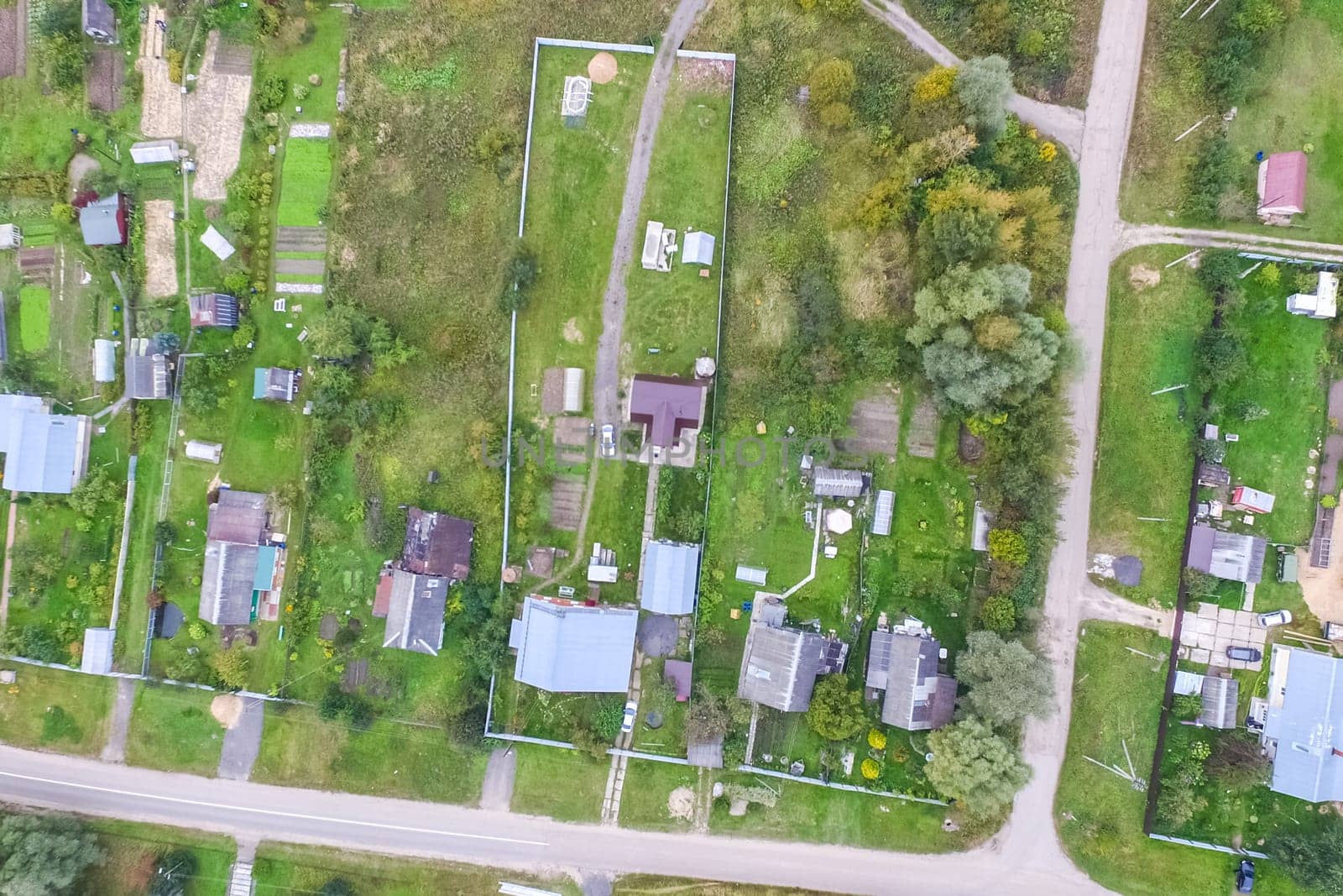 Top view of the village, fields and forests near the village