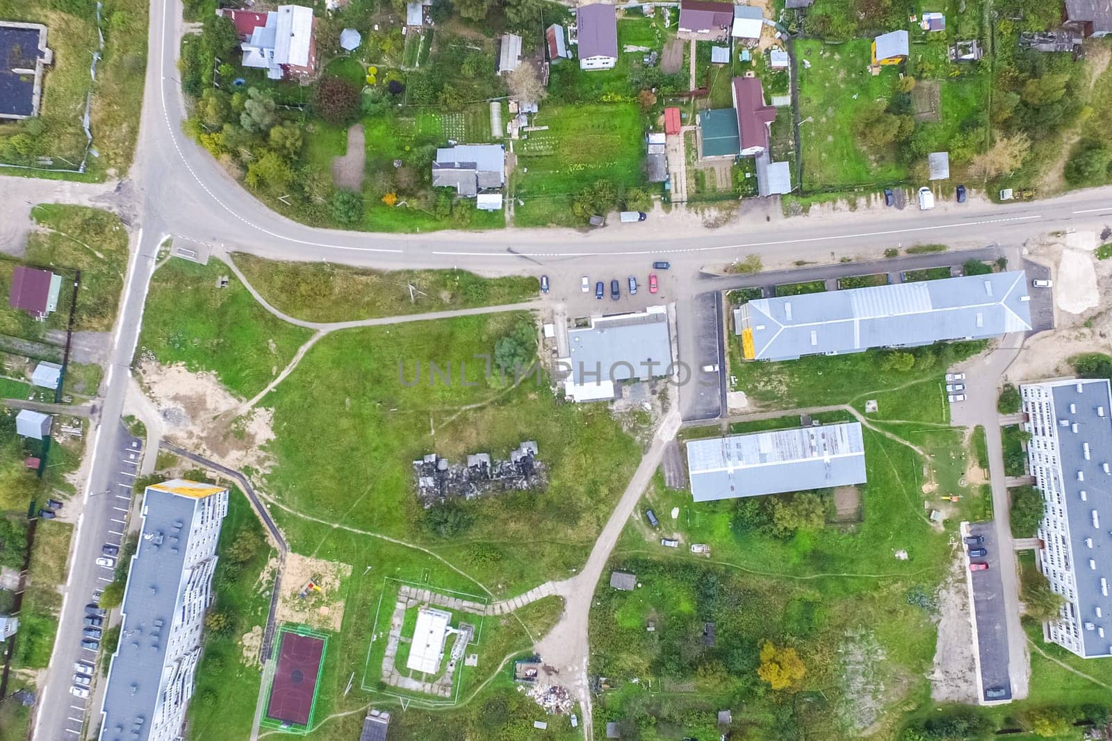 Top view of the village, fields and forests near the village
