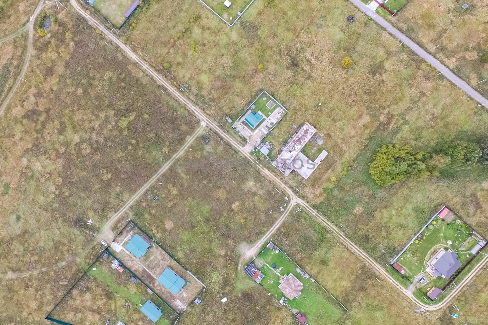 Top view of the village, fields and forests near the village